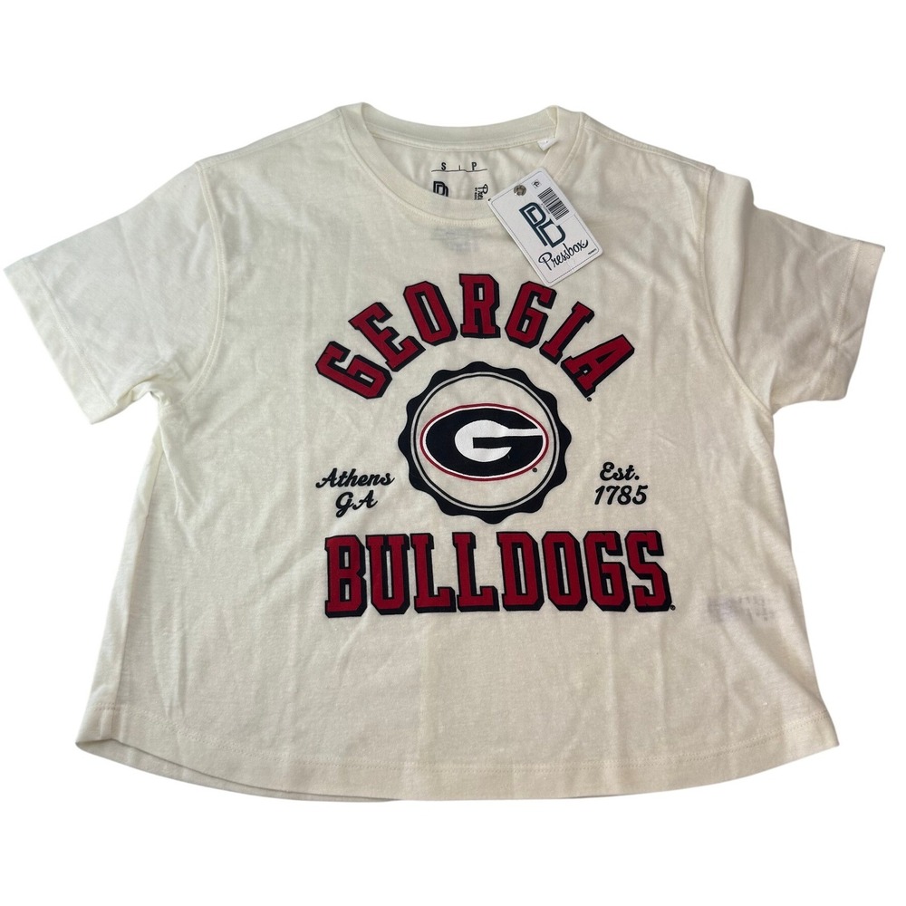 Pressbox‎ University Georgia Bulldogs Cropped Ivory Tee Shirt Womens Small New